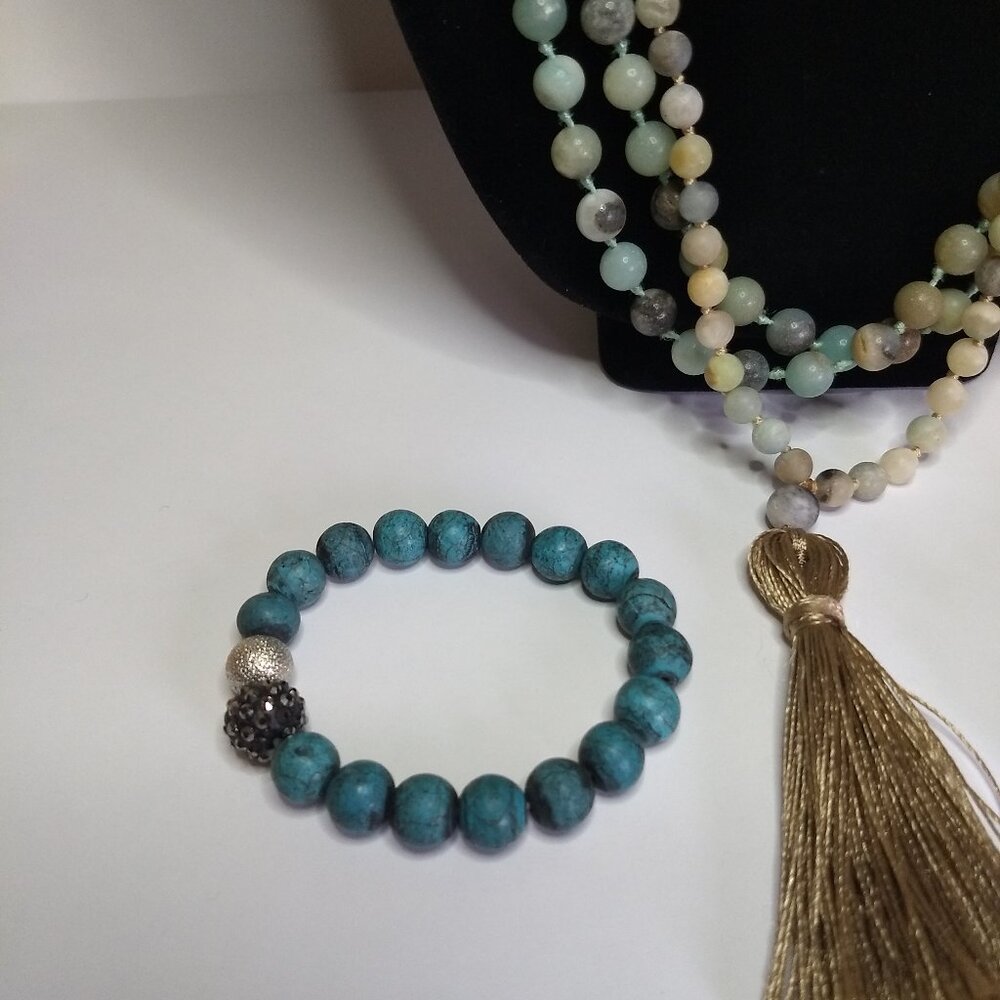 Stone Round Bead Necklace & Bracelet Lot Multicolor 2 Necklaces 3 Bracelets Boho - Picture 3 of 11